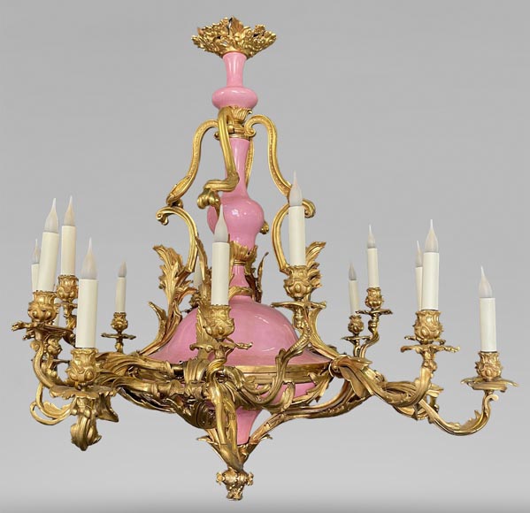 Pair of gilt bronze and blue and pink porcelain chandeliers dating from the Napoleon III reign-1