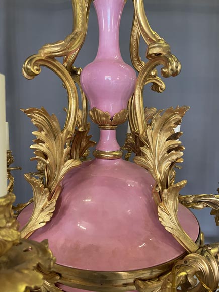 Pair of gilt bronze and blue and pink porcelain chandeliers dating from the Napoleon III reign-3