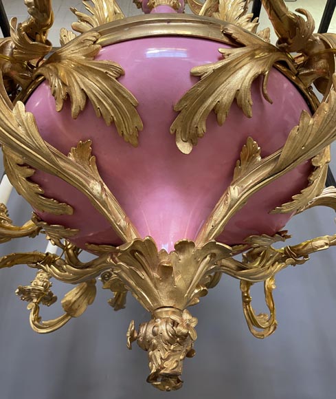 Pair of gilt bronze and blue and pink porcelain chandeliers dating from the Napoleon III reign-6