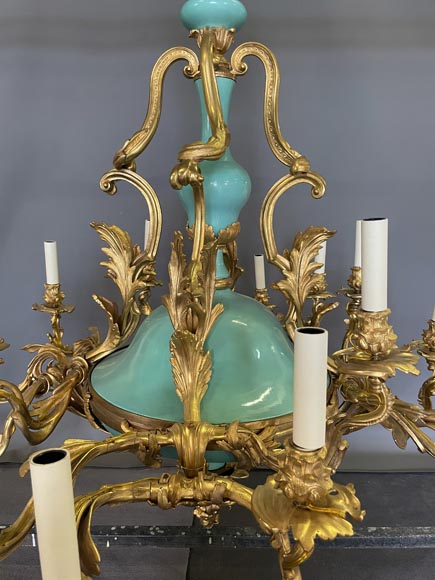 Pair of gilt bronze and blue and pink porcelain chandeliers dating from the Napoleon III reign-8
