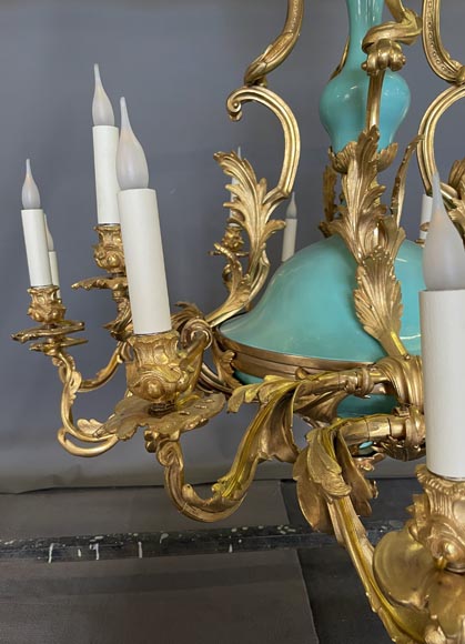 Pair of gilt bronze and blue and pink porcelain chandeliers dating from the Napoleon III reign-9