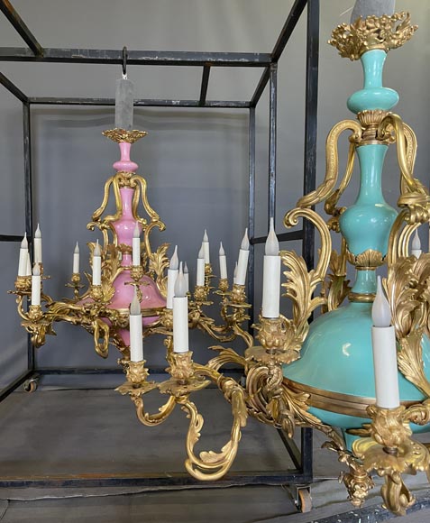 Pair of gilt bronze and blue and pink porcelain chandeliers dating from the Napoleon III reign-11