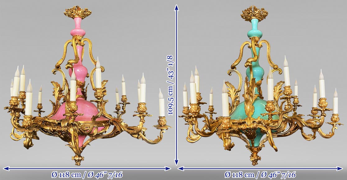 Pair of gilt bronze and blue and pink porcelain chandeliers dating from the Napoleon III reign-12
