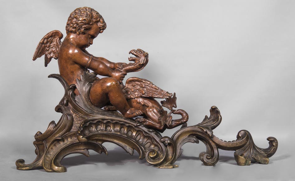 Pair of chenets, with putti and chimeras, made out of two patinas bronze-1