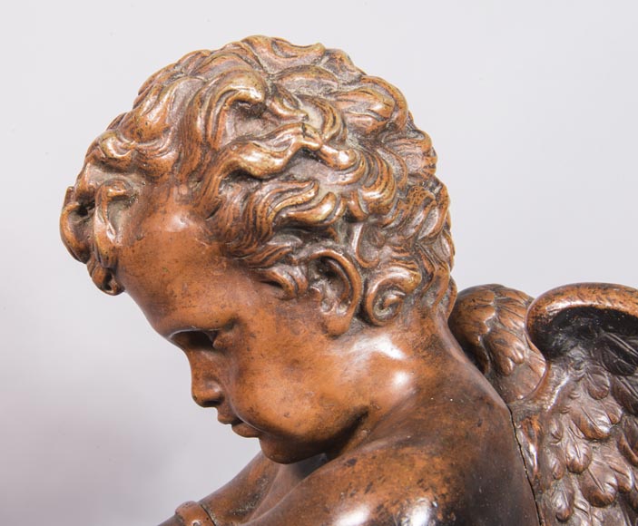 Pair of chenets, with putti and chimeras, made out of two patinas bronze-6