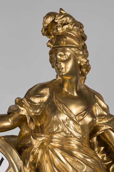 Gilded bronze clock, signed LEROLLE Frères Paris, showing Minerva presenting her shield-2