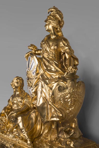 Gilded bronze clock, signed LEROLLE Frères Paris, showing Minerva presenting her shield-3