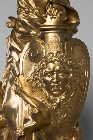 Gilded bronze clock, signed LEROLLE Frères Paris, showing Minerva presenting her shield-4