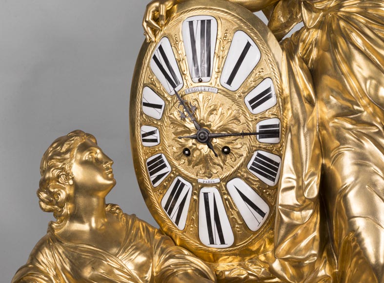 Gilded bronze clock, signed LEROLLE Frères Paris, showing Minerva presenting her shield-7