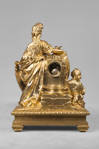 Gilded bronze clock, signed LEROLLE Frères Paris, showing Minerva presenting her shield-11