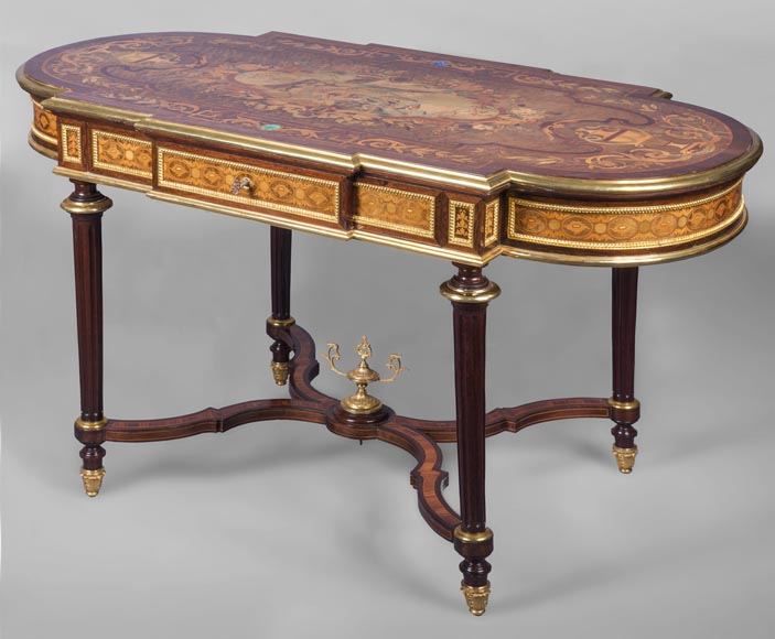 Exceptional Napoleon III style table in diverse varieties of wood marquetery, second half of the 19th century-1
