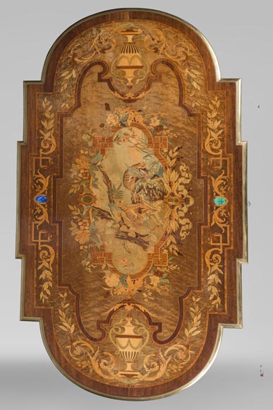 Exceptional Napoleon III style table in diverse varieties of wood marquetery, second half of the 19th century-2