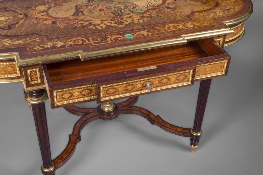 Exceptional Napoleon III style table in diverse varieties of wood marquetery, second half of the 19th century-6