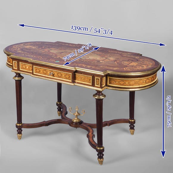 Exceptional Napoleon III style table in diverse varieties of wood marquetery, second half of the 19th century-10