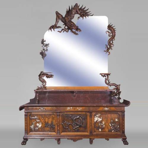 Maison des Bambous Alfred PERRET and Ernest VIBERT - Large Japanese-style cupboard and its mirror with dragons