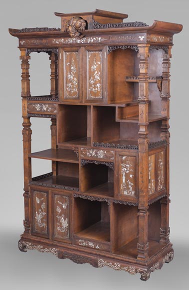 Shelves cabinet of Far Eastern inspiration, decorated with floral vases in mother-of-pearl and ivory-12