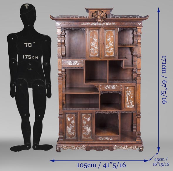 Shelves cabinet of Far Eastern inspiration, decorated with floral vases in mother-of-pearl and ivory-13