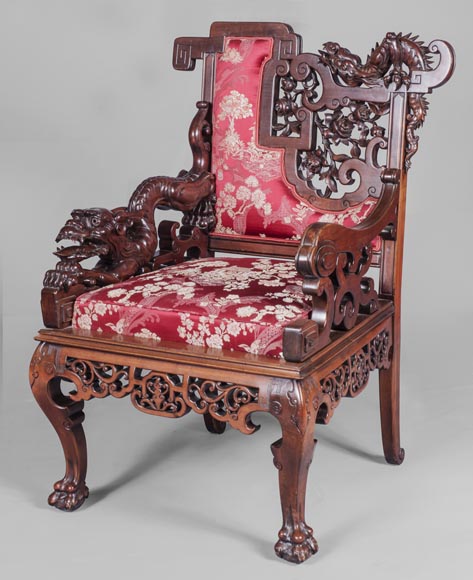 Cyrille RUFFIER DES AIMES (1844-1916) - Set of two chairs and an armchair inspired by the Far East-1