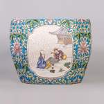 Japanese style cachepot in glazed earthenware with medallion decoration  of animated life scenes