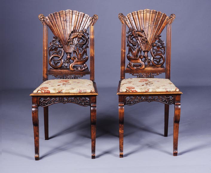 Pair of Japanese style chairs with fan-shaped backs of seat-0