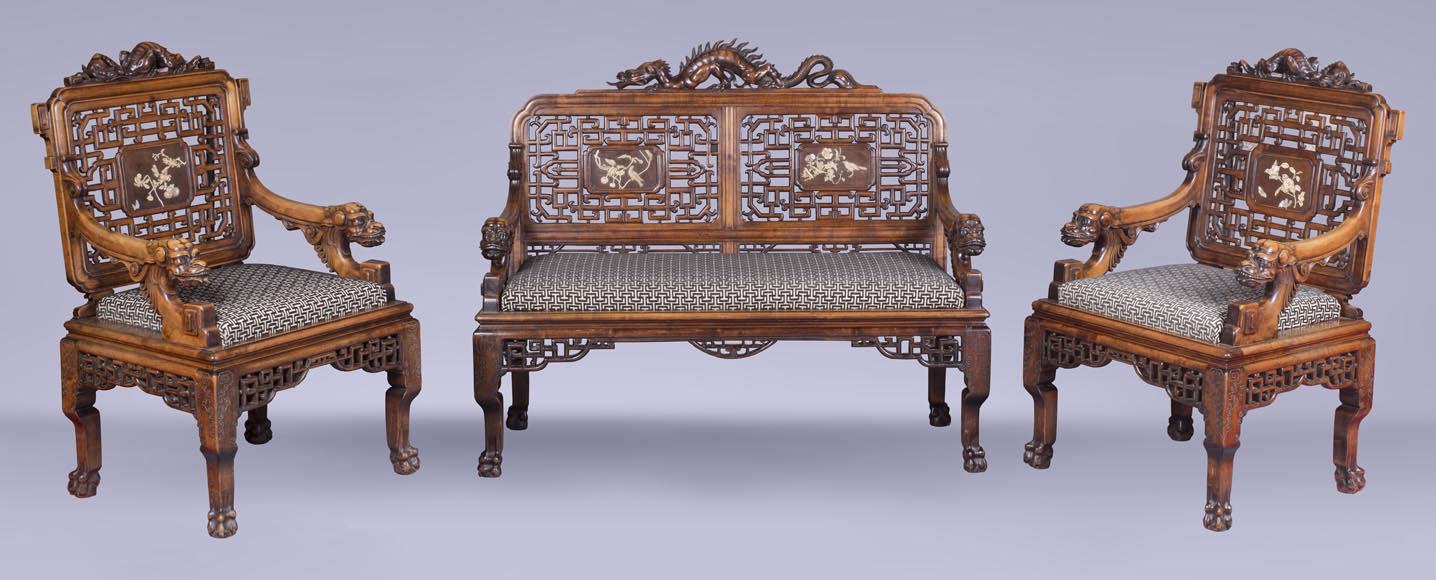 Maison des Bambous Alfred PERRET et Ernest VIBERT (attributed to) - Beautiful japanese style living room furniture set with dragons and openwork backs of seat-0