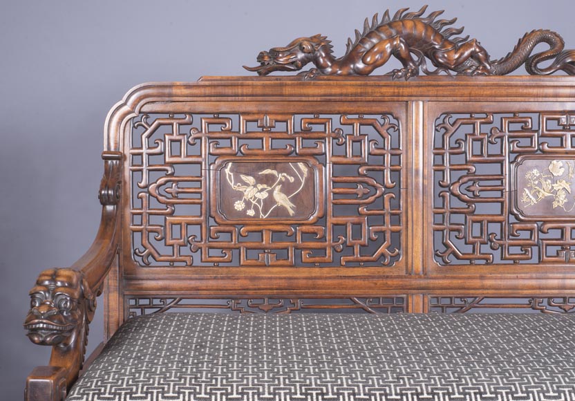 Maison des Bambous Alfred PERRET et Ernest VIBERT (attributed to) - Beautiful japanese style living room furniture set with dragons and openwork backs of seat-4