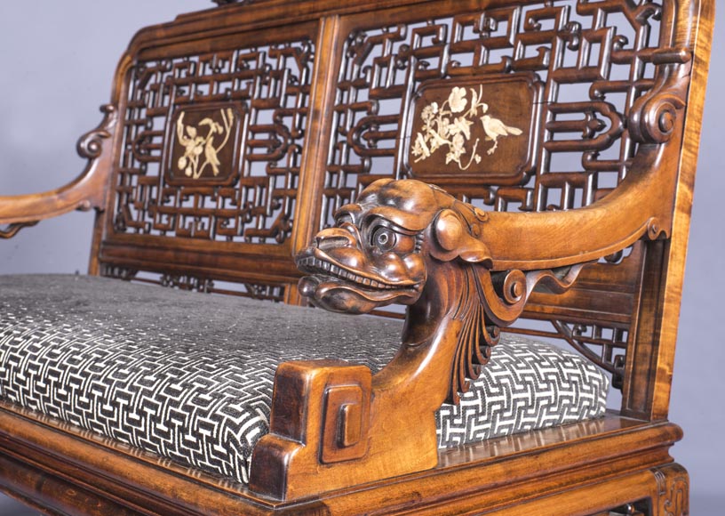 Maison des Bambous Alfred PERRET et Ernest VIBERT (attributed to) - Beautiful japanese style living room furniture set with dragons and openwork backs of seat-5