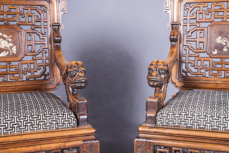 Maison des Bambous Alfred PERRET et Ernest VIBERT (attributed to) - Beautiful japanese style living room furniture set with dragons and openwork backs of seat-6