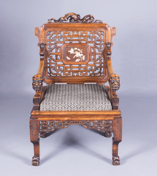 Maison des Bambous Alfred PERRET et Ernest VIBERT (attributed to) - Beautiful japanese style living room furniture set with dragons and openwork backs of seat-7