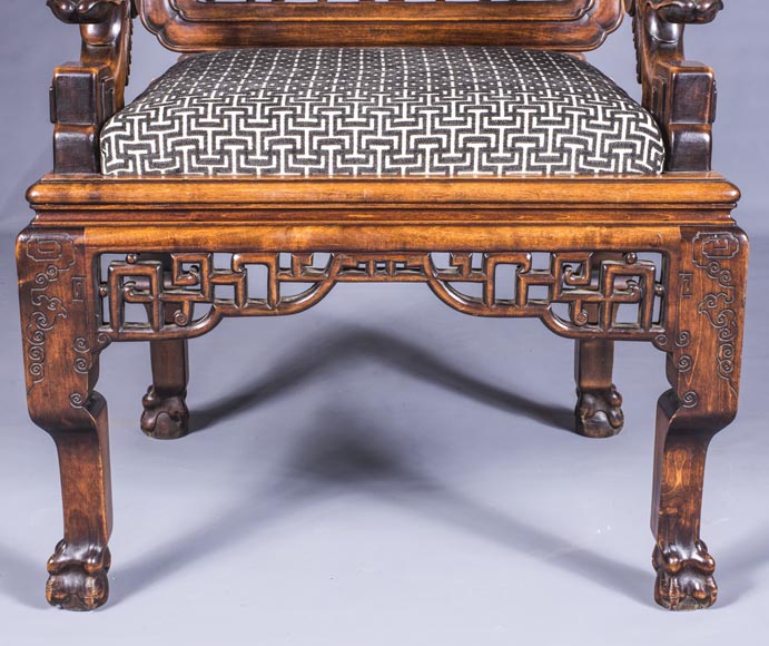 Maison des Bambous Alfred PERRET et Ernest VIBERT (attributed to) - Beautiful japanese style living room furniture set with dragons and openwork backs of seat-8