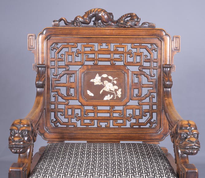 Maison des Bambous Alfred PERRET et Ernest VIBERT (attributed to) - Beautiful japanese style living room furniture set with dragons and openwork backs of seat-9