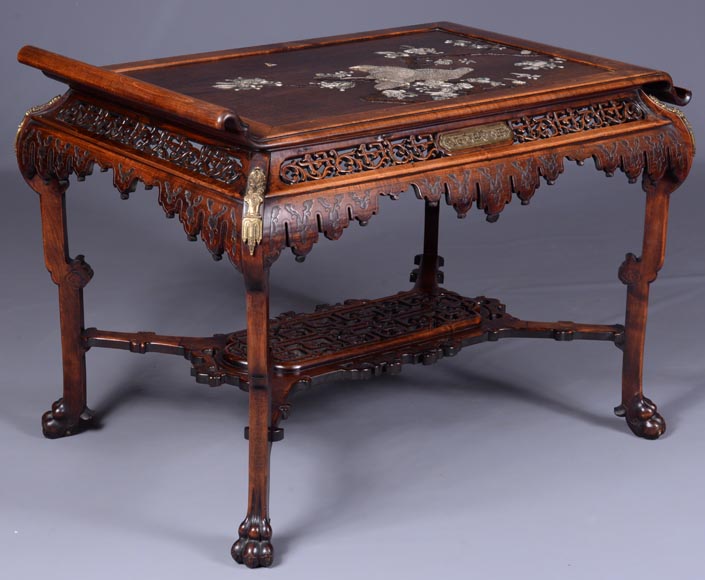 Gabriel Viardot (attributed to), Japanese table with bones birds marquetery, circa 1870-1880-3