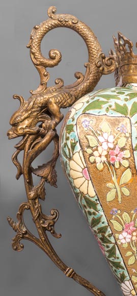 Ignac FISCHER - Chinese style jardiniere, in earthenware and gilded bronze-5