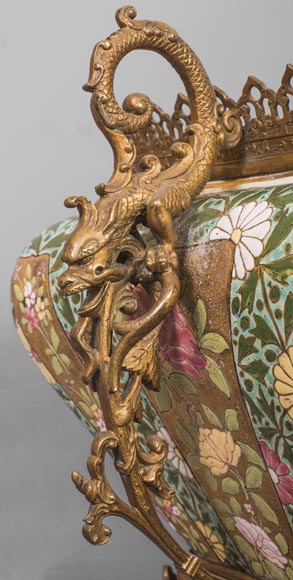 Ignac FISCHER - Chinese style jardiniere, in earthenware and gilded bronze-9
