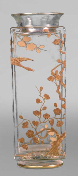 BACCARAT, Pair of square vases with cherry blossoms and birds