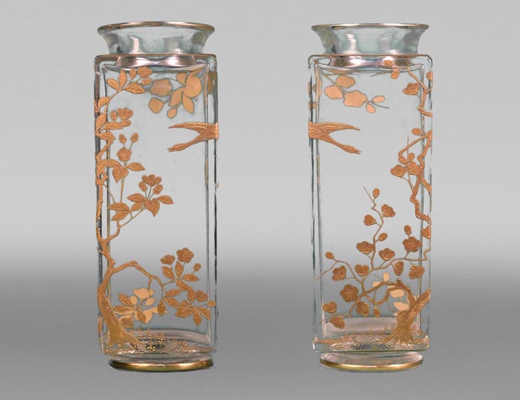BACCARAT, Pair of square vases with cherry blossoms and birds, circa 1880-0