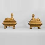 Henry Dasson, Pair of chenets with sphinges, Regency style, in gilded bronze, 1882
