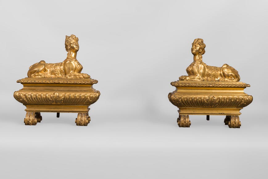 Henry Dasson, Pair of chenets with sphinges, Regency style, in gilded bronze, 1882-0