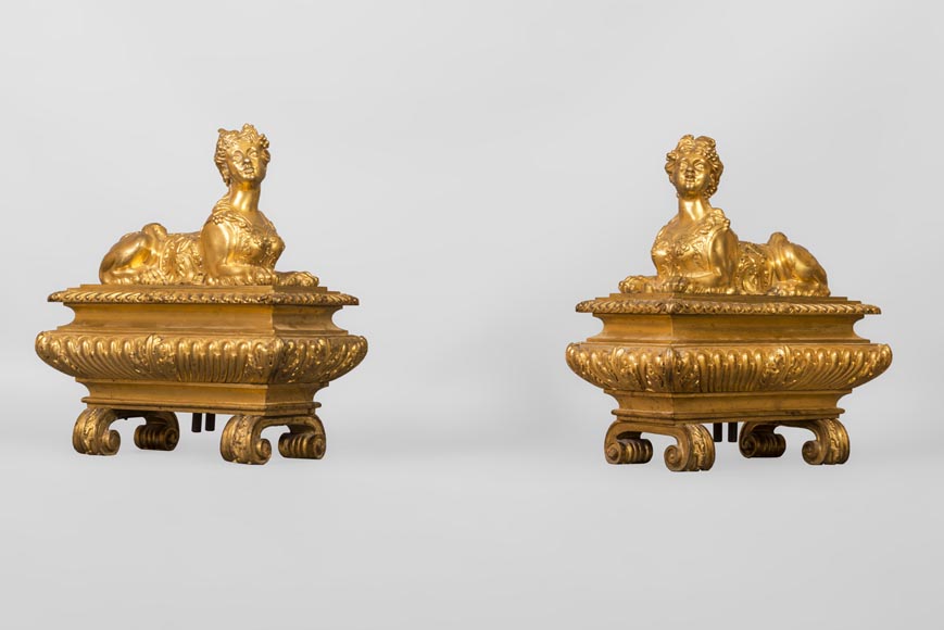 Henry Dasson, Pair of chenets with sphinges, Regency style, in gilded bronze, 1882-1
