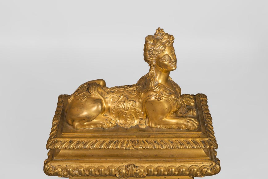Henry Dasson, Pair of chenets with sphinges, Regency style, in gilded bronze, 1882-2