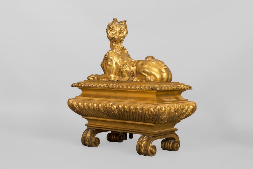 Henry Dasson, Pair of chenets with sphinges, Regency style, in gilded bronze, 1882-4