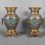 Beautiful pair of Orientalist style vases in cloisonné enamels after a model by Edouard Lièvre