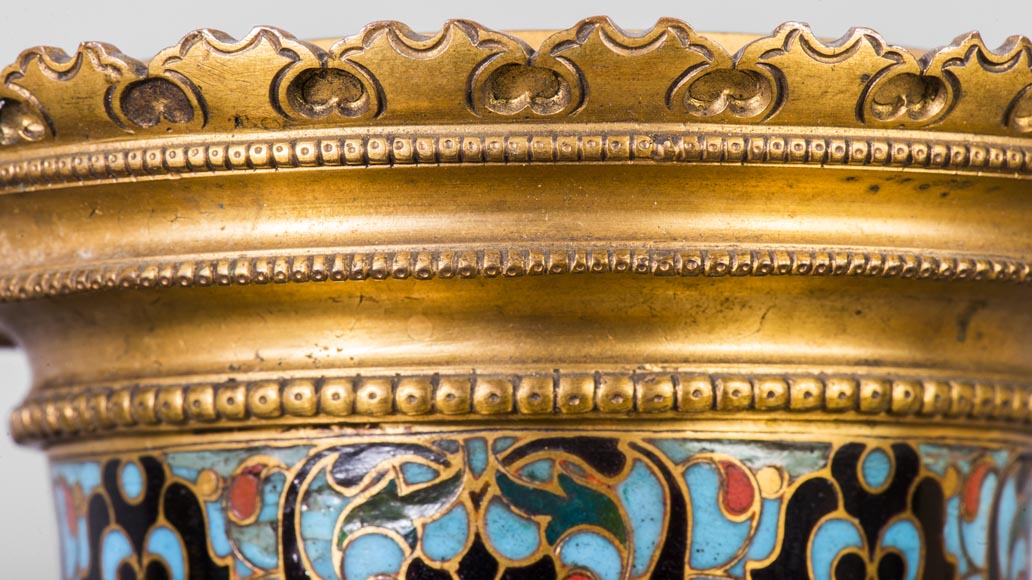 Beautiful pair of Orientalist style vases in cloisonné enamels after a model by Edouard Lièvre-6