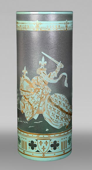 Baccarat Crystal (after), large cylindrical vase in green and white double-layered glass decorated with fleur-de-lis horsemen-0