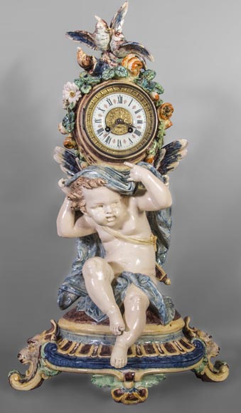 Polychrome earthenware pendulum, Cupid supporting the dial-0