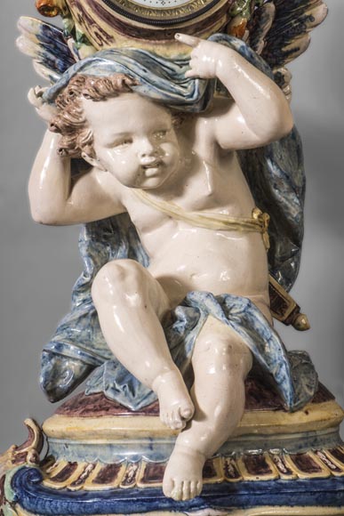 Polychrome earthenware pendulum, Cupid supporting the dial-2