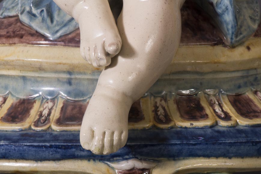 Polychrome earthenware pendulum, Cupid supporting the dial-3