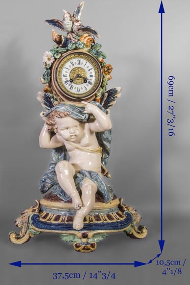 Polychrome earthenware pendulum, Cupid supporting the dial-11