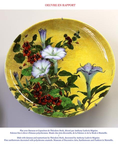 Théodore DECK (ceramist) and Anthony Ludovic REGNIER (painter) - Ceramic dish glazed with striped lily and butterfly on a blue background-7