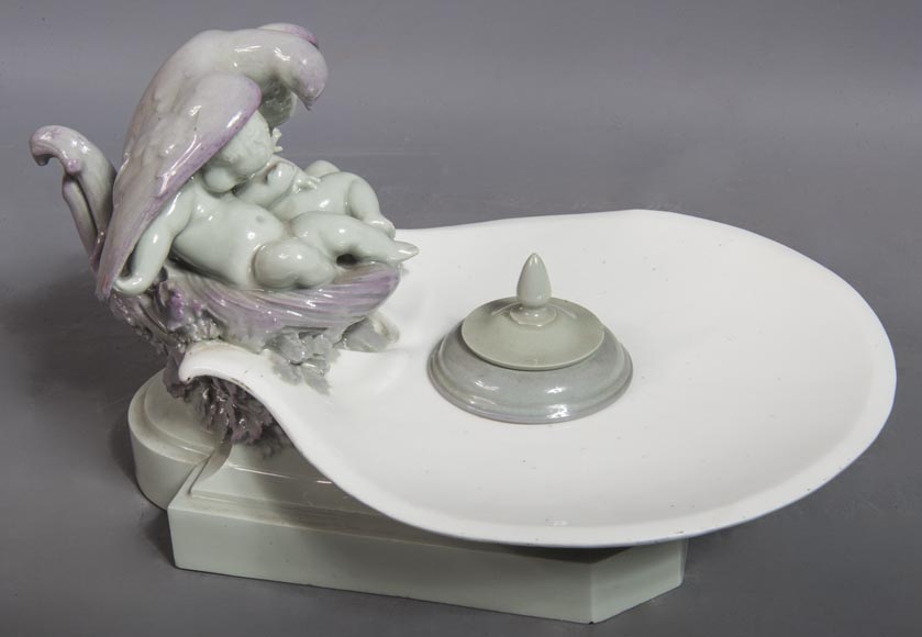 Sèvres Porcelain inkwell decorated with putti protected by a dove-0